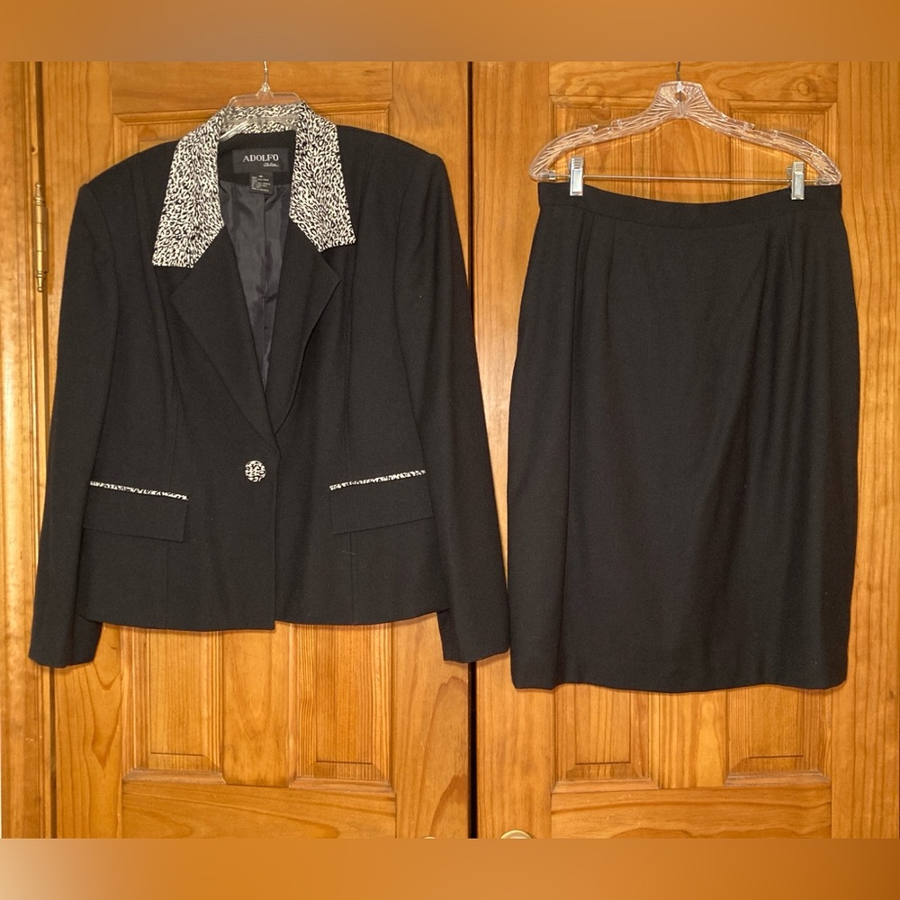 NWOT Adolfo Vintage 80s 90s Skirt Suit Midi 100% Wool Black Women's Size 16